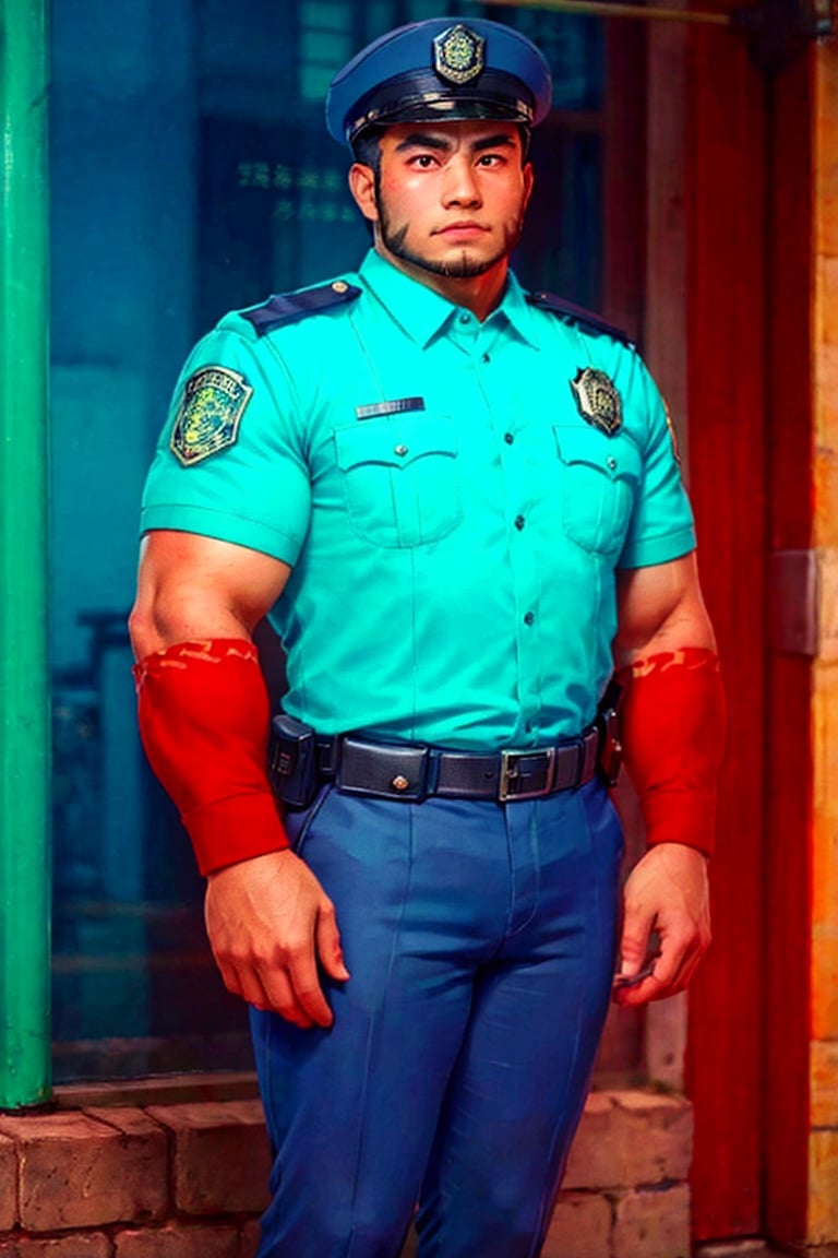 (1 image only), solo male, bara, Tajikarao, Tokyo Afterschool Summoners, Asain, Japanese, dark hair, short hair, thick eyebrows, sideburns, facial hair, beard, fangs. Japanese police uniform, Japanese, police hat, aqua-color collared shirt, black pants, mature, handsome, charming, alluring, standing, upper body in frame, perfect anatomy, perfect proportions, 2d, anime, (best quality, masterpiece), (perfect eyes, perfect eye pupil), high_resolution, dutch angle, Tokyo city street, better_hands, salute, red hands, Shide 
,perfecteyes, black eyes