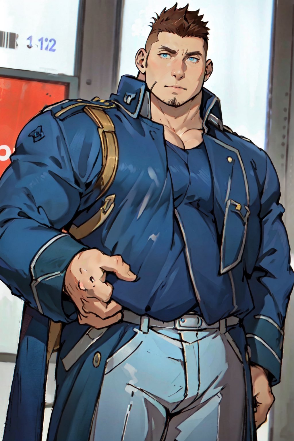 (1 image only), solo male, 1boy, Heymans Breda, Fullmetal Alchemist, anime, 2D, blue eyes, brown hair, short hair, high fade, stubble, handsome, (chubby), open (pure blue military uniform, blue 
 coat), confidence, charming, alluring, upper body in frame, perfect anatomy, perfect proportions, 8k, HQ, (best quality:1.2, hyperrealistic:1.2, photorealistic:1.2, masterpiece:1.3, madly detailed photo:1.2), (hyper-realistic lifelike texture:1.2, realistic eyes:1.2), high_resolution, perfect eye pupil, dutch angle,best quality, (long sleeves)