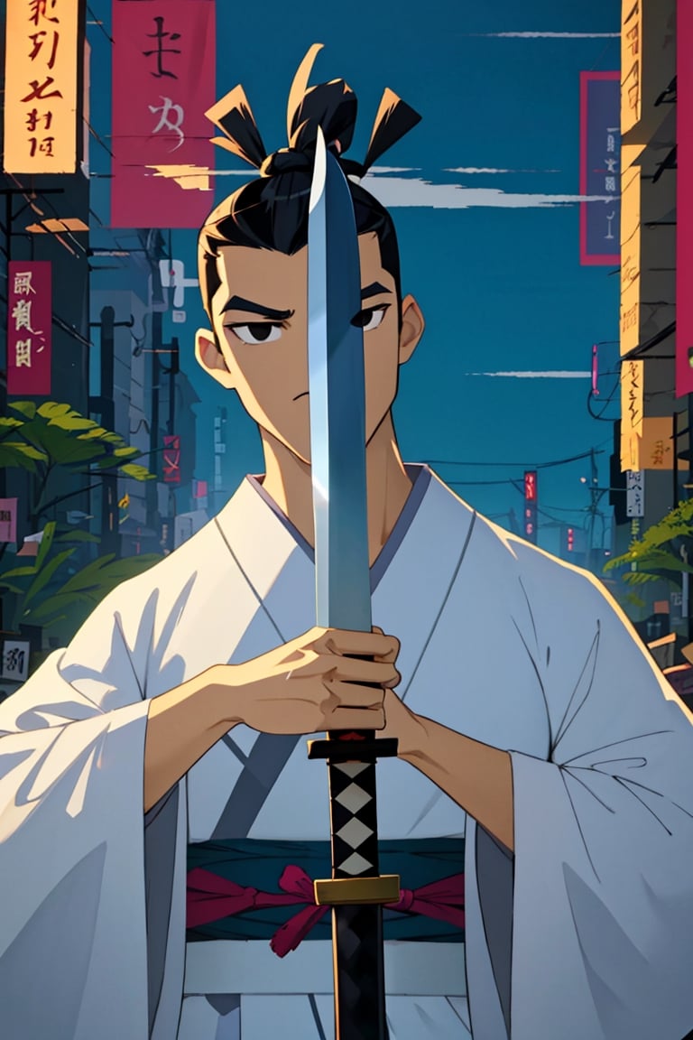 (1 image only), solo male, Samurai Jack, Cartoon Network style, Asian, Japanese, black hair, short topknot, single topknot, black eyes, geta, white kimono, white sashes, wide sleeves, mature, handsome, charming, alluring, uperfect anatomy, perfect proportions, (best quality, masterpiece), perfect hands, high_resolution, dutch angle, cowboy shot, fine art, (2d, flat), (single placket), swordup, looking at viewer, close-up,(Holding sword in front of face)