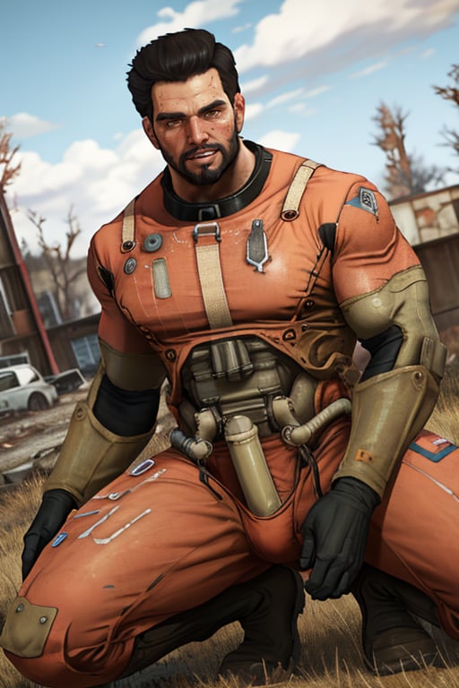 perfect anatomy, perfect proportions, best quality, masterpiece, high_resolution, high quality, best aesthetic, incredibly absurdres, highres, extremely detailed, huge filesize, mature, masculine, manly, virile, handsome, charming, alluring, bara, male focus, solo male, cowboy shot, dutch angle, source_game \(Fallout 4\), official style \(Fallout 4\),  Danse, FO4Danse , black hair, short hair, light brown eyes, facial hair, beard, Danse_Outfit02, T-60 power armor \(Fallout 4\), power armor, outdoors, Fallout 4 location, post-apocalyptic ruins, desolated landscape, dark blue sky