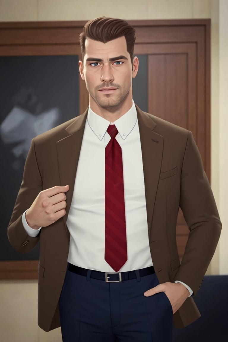 (1 image only), solo male, bara, Chase Devineaux, French, detective, brown hair, short hair, hair slicked back, brown eyes, sideburns, facial hair, broad stubble, white collared shirt, striped brown/red necktie, pure brown suit jacket, pants, mature, handsome, charming, alluring, standing, upper body , perfect anatomy, perfect proportions, (best quality, masterpiece), high_resolution, photorealistic, hyperrealistic, madly detailed photo, hyper-realistic lifelike texture, picture-perfect face, (realistic eyes, perfect eyes, perfect eye pupil), perfect hands, dutch angle