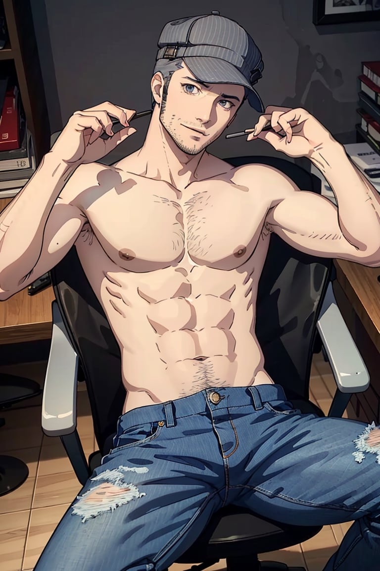 (1 image only), solo male, Munehisa Iwai,  Persona, Asian, Japanese, Weapons Dealer, grey hair, short hair, (grey pin-striped cap:1.2), stubble, grey eyes, sideburns, complete topless, bare neck, bare chest, bare belly, bare abdomen, bare shoulder, bare atms, simple blue jeans, black leather boots, mature, masculine, handsome, charming, alluring, lying on chair, (foot on desk), holding lollipop, smirk, pov, perfect anatomy, perfect proportions, (best quality, masterpiece), (perfect eyes), high_resolution, dutch angle, [cowboy shot], weapon workshop, slight spread legs