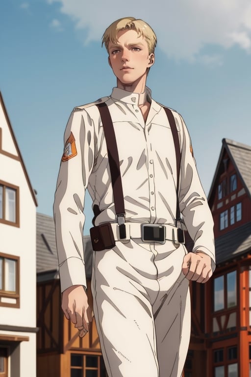 solo male, Colt Grice, blond hair, light hazel eyes, tall, white Marleyan soldier uniform, (standing collar, mandarin collar, light collar:1.2), light pants, (black suspender straps, black belt, supply packs), tall combat boots, young, handsome, charming, alluring, perfect anatomy, perfect proportions, best quality, masterpiece, high_resolution, standing, upper body, dutch angle, cowboy shot, photo background, germany city, day, ((wide avenue, high timber frame townhouse, historical building))