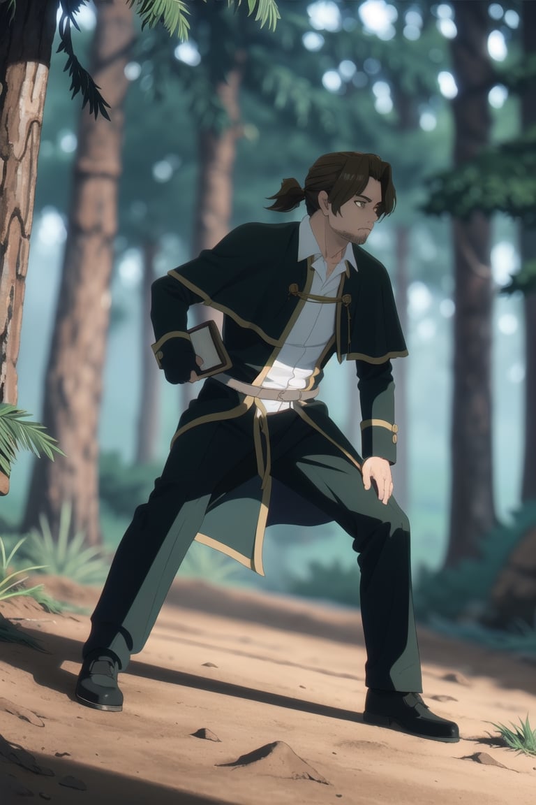 solo male, Sein \(Frieren: Beyond Journey's End\), priest, brown hair, low ponytail, parted bangs, thin hair, stubble, green eyes, white collared shirt, (shirt white hems, untucked shirt:1.3), dark coat with a golden accent, dark capelet, dark sleeves, black pants, black footwear. open coat, mature, handsome, charming, alluring, serious, intense eyes, fighting stance, light beam, (night, dark) holding a book, magic, glowing, perfect anatomy, perfect proportions, best quality, masterpiece, high_resolution, dutch angle, cowboy shot, photo background, forest, Balance and coordination between all things), real light and shadow, perspective, composition, adventurous, energy, exploration, contrast, experimental, unique, cinematic, atmospheric, epi, ultrarealsitc