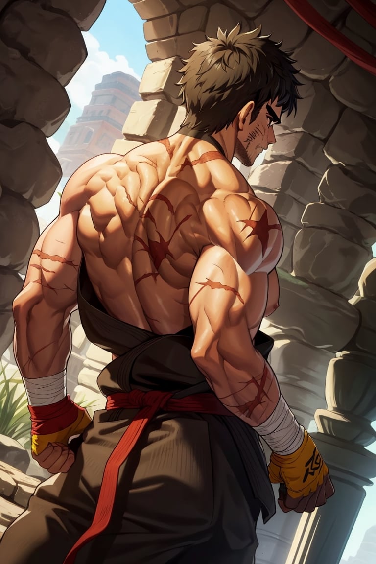 solo male, Grappler, Dungeon Fighter, black hair, short hair, brown eyes, thick eyebrows, forked eyebrows, stubble, green eyes, scars on face, scar on cheek, scar on chest, pectorals, pectoral cleavage, topless, shirtless, (from behind), nape, back, black martial arts pants, yellow fingerless gloves, barefoot, bandaged hand, toned male, mature, masculine, hunk, handsome, charming, alluring, blush, shy, serious, clothes down, upper body, perfect anatomy, perfect proportions, perfect eyes, perfect, parfect fingers, best quality, masterpiece, high_resolution, dutch angle, photo background,