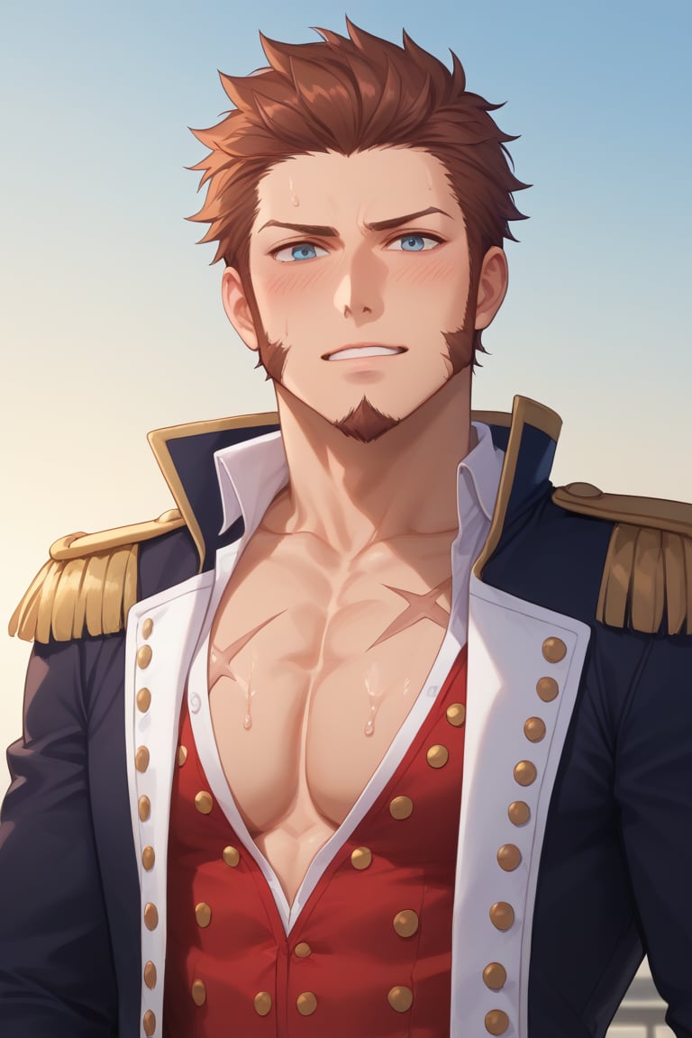 score_9, score_8_up, score_7_up, score_6_up, perfect anatomy, perfect proportions, best quality, masterpiece, high_resolution, high quality, aesthetic, absurdres, (male focus), solo male, napoleon bonaparte \(fate\), fate \(series\), fate/grand order, blue eyes, brown hair, short hair, long sideburns, facial hair, goatee, scar on chest, military uniform, napoleon bonaparte uniform\(fate\), white collared shirt, partially unbuttoned shirt, red vest, partially unbuttoned vest, black jacket, epaulettes, adult, mature, masculine, manly, handsome, charming, alluring, standing, upper body, (portrait, headshot, close-up:1.3), dutch angle, (shy, flustered, blush lines, intense blushing, embarrassed, sweat drop), photo background, outdoor, scenery, sky