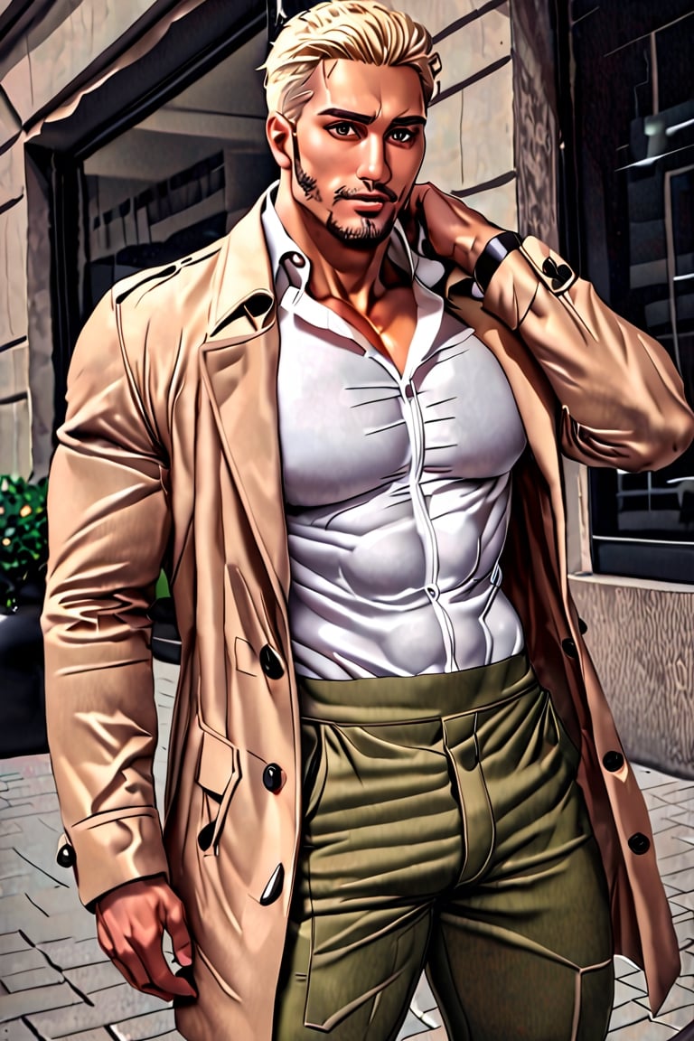 solo male, Reiner Braun, blond hair, short hair, facial hair, stubble, hazel eyes, tall, Marleyan soldier uniform, (pire white collared shirt:1.3), light-brown trench coat, (open coat:1.1), military green pants, black combat boots,  handsome, charming, alluring, standing, upper body, perfect anatomy, perfect proportions, best quality, masterpiece, high_resolution, dutch angle, cowboy shot, photo background