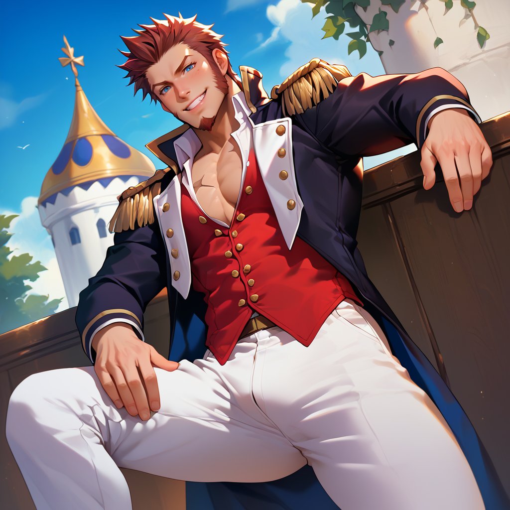 score_9, score_8_up, score_7_up, score_6_up, perfect anatomy, perfect proportions, best quality, masterpiece, high_resolution, high quality, aesthetic, absurdres male focus, napoleon bonaparte \(fate\), fate \(series\), fate/grand order, blue eyes, brown hair, short hair, (long sideburns), facial hair, goatee, scar on chest, military uniform, napoleon bonaparte uniform\(fate\), white collared shirt, partially unbuttoned shirt, red vest, partially unbuttoned vest, black jacket, long sleeves, epaulettes, white pants, upperbody, cowboy shot, dutch angle, from below, one knee bend, feet out of frame, slight smile, looking at viewer