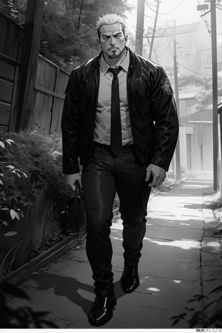 (1 image only), solo male, Agawa Daigo, Gannibal, Asian ,Japanese, black hair, short hair, thin stubble, black eyes, policeman, white collared shirt, dark blue necktie, black jacket, long sleeves, black sleeves,buttoned up jacket, dark blue pants, black shoes , mature, handsome, charming, alluring, perfect anatomy, perfect proportions,(perfect eyes), perfect hands, rural .pastoral, forest, creep, suspense, horror, manga, greyscale, monochrome, (manga brushwork)