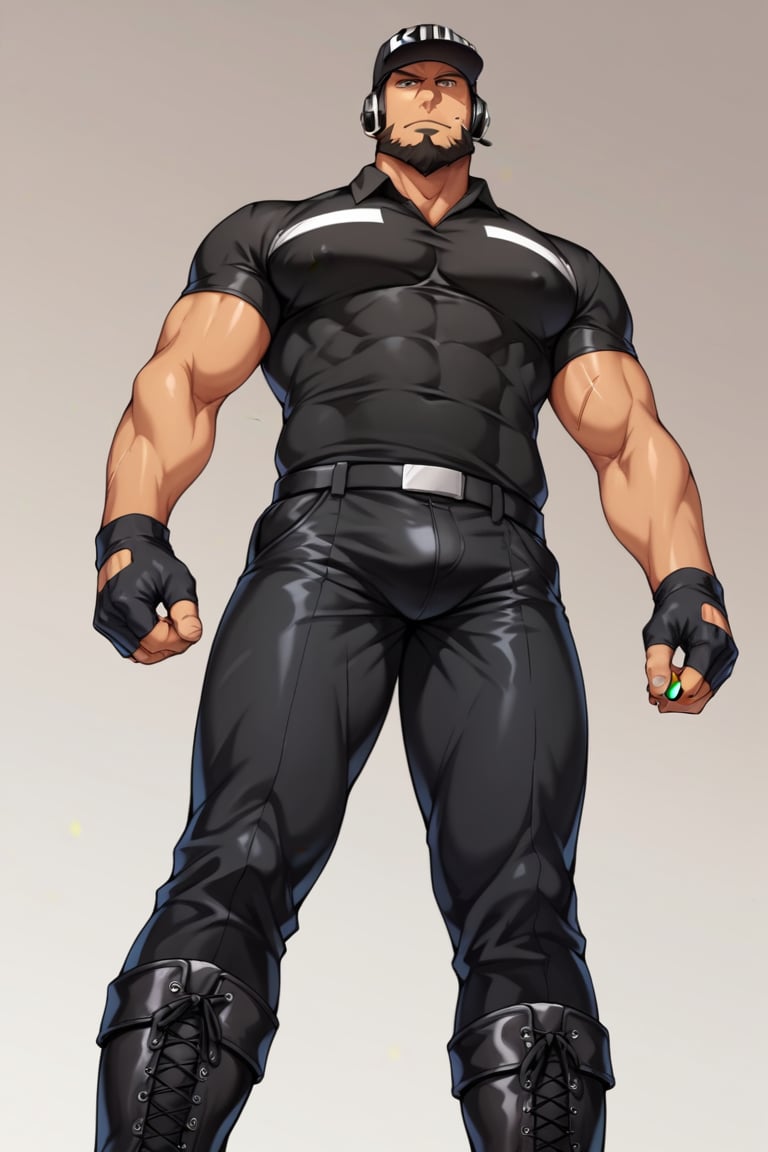 score_9, score_8_up, score_7_up, score_6_up, perfect anatomy, perfect proportions, best quality, masterpiece, high_resolution, high quality, solo male, Killer T Cell \(Cells at Work\), tan skin, blond hair, black eyes, facial hair, beard, scar on face, black  Killer T Cell uniform \(Cells at Work\), black collared shirt, pecs, black pants, black cap, Killer T Cell cap \(Cells at Work\), earpiece, fingerless gloves, black boots, adult, mature, masculine, manly, handsome, charming, alluring, standing, upper body, dutch angle, cowboy shot, ((from below))