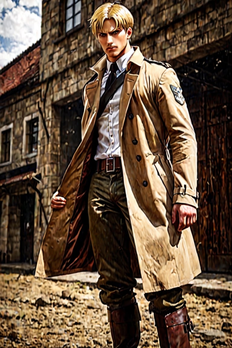 solo male, Reiner Braun, Attack on Titan, blond hair, short hair, stubble, hazel eyes, tall, Marleyan soldier uniform, white collared shirt, light-brown trench coat, (open coat:1.1), military green pants, black combat boots,  handsome, charming, alluring, standing, upper body, perfect anatomy, perfect proportions, best quality, masterpiece, high_resolution, dutch angle, cowboy shot, photo background