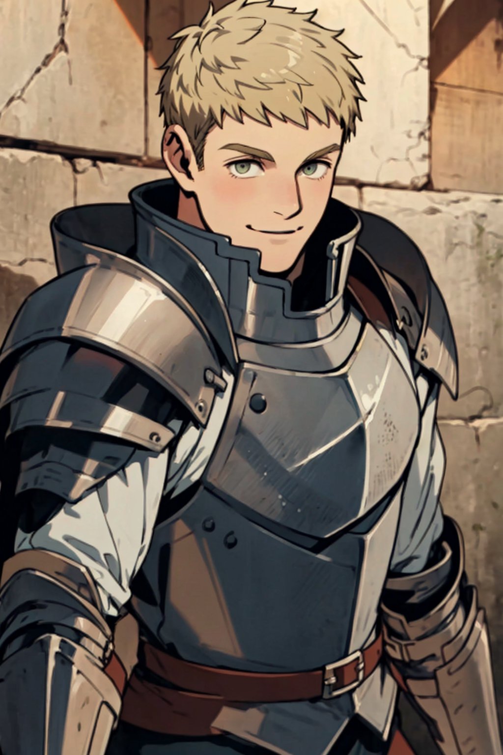 (1 image only), solo male, 1boy, Laios Touden, Delicious in Dungeon, knight, blond hair, short hair, light gold eyes, average height, silver plate armour, silver gauntlets, white shirt under armor, silver knee guards, simple brown boots, smile, handsome, charming, alluring, standing, upper body in frame, perfect anatomy, perfect proportions, 2d, anime, (best quality, masterpiece), (perfect eyes, perfect eye pupil), high_resolution, dutch angle, dungeon location, (Hands:1.1), better_hands