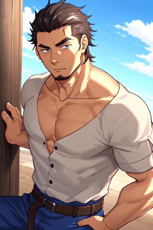 (1 image only), solo male, Kaburagi, Deca Dence, greying black hair, slicked back hair, thick eyebrows, sideburns, goatee, green eyes, scar, tucked-in wide necked short-sleeved white shirt, sleeves tucked up and buttoned, short sleeves, olive wide worker pants, black belt tied, brown boots. simplpe leather bracelet, toned male, mature, handsome, charming, alluring, (portrait, close-up), perfect anatomy, perfect proportions, best quality, masterpiece, high_resolution, dutch angle, outdoors, day, blue sky, science fiction, citadel on sky, photo background, (bare neck, collarbone:1.3)