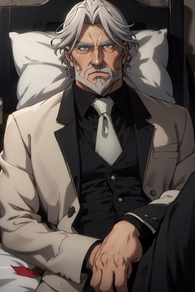 Sebas Tian, old man, hair_slicked, grey eyes, grey hair,grey beard, black tailcoat, black collared shirt ,gray necktie, white glove, upper body, (lying on bed, on back, spread legs), masculine, handsome, charming, alluring, blush, perfect eyes, perfect anatomy, perfect proportions, perfecteyes