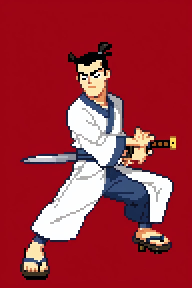 (1 image only), solo male, Samurai Jack, Cartoon Network style, Asian, Japanese, intense gaze, black hair, short topknot, single topknot, black eyes, geta, white long kimono, white sashes, wide sleeves, mature, handsome, charming, alluring, uperfect anatomy, perfect proportions, (best quality, masterpiece), (perfect hands), high_resolution, dutch angle, cowboy shot, fine art, (2d, flat), (single placket),  fighting_stance, holding sword, (perfect sword), battoujutsu, red and black cityscape,Flat Illustration,Pixel art