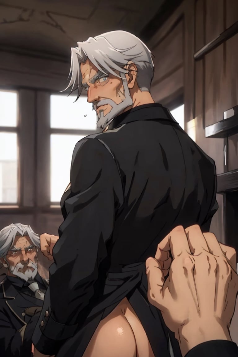 Sebas Tian, old man, hair_slicked, grey eyes, grey hair,grey beard, black tailcoat, black collared shirt ,gray necktie, white glove, pov, (lying with his back and butt towards the viewer), viewer's hand grabbing his butt, spread legs, intense heat, aristocratic mansion, face turned towards viewer, (view from back), handsome, charming, alluring, virile, seductive smile, blush