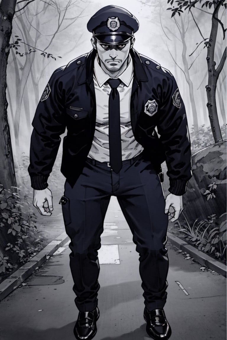 (1 image only), solo male, Agawa Daigo, Gannibal, Asian ,Japanese, black hair, short hair, thin stubble, black eyes, policeman, white collared shirt, dark blue necktie, black jacket, long sleeves, black sleeves, (buttoned up jacket), dark blue pants, black shoes, police peaked cap, (adjusting cap), mature, handsome, charming, alluring, perfect anatomy, perfect proportions,(perfect eyes), perfect hands, rural, pastoral, forest, creep, suspense, horror, manga, greyscale, monochrome, (manga brushwork style, traditional drawing),boichi manga style