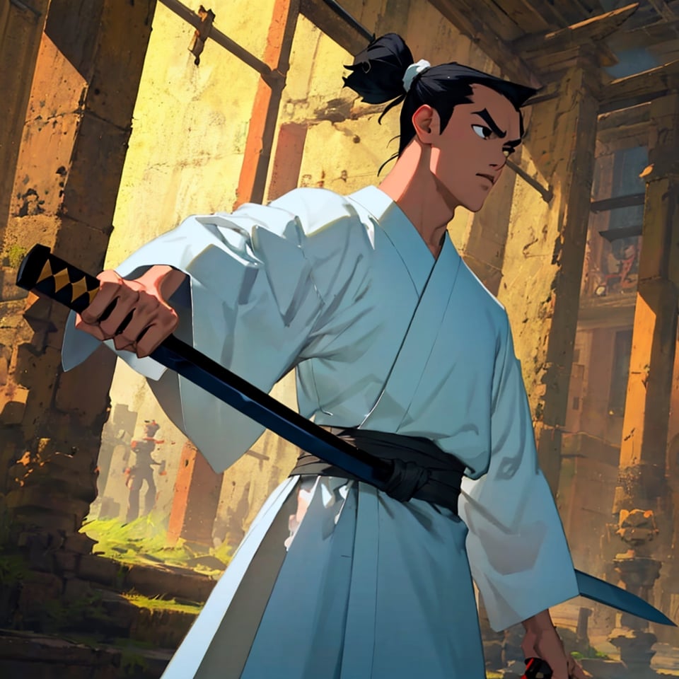 (1 image only), solo male, Samurai Jack, Cartoon Network style, Asian, Japanese, black hair, topknot, black eyes, geta, white kimono, white sashes, wide sleeves, mature, handsome, charming, alluring, uperfect anatomy, perfect proportions, (best quality, masterpiece), perfect hands, high_resolution, dutch angle, cowboy shot, fine art, 2d, flat, (single placket),  fighting_stance, holding sword