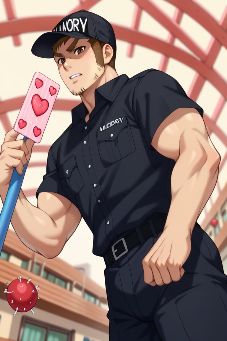 score_9, score_8_up, score_7_up, score_6_up, perfect anatomy, perfect proportions, best quality, masterpiece, high_resolution, high quality, best aesthetic, incredibly absurdres, highres, extremely detailed, huge filesize, mature, masculine, manly, virile, handsome, charming, alluring, bara, male focus, solo male, cowboy shot, dutch angle, source_anime \(Cells at Work! CODE BLACK\), anime coloring \Cells at Work! CODE BLACK\), Memory T Cell \(Cells at Work! CODE BLACK\), CaWBlMemoryTCell, brown hair, brown eyes, thick eyebrow, long sideburns, facial hair, stubble, CaWBKillerTCell_outfit, black cap, Killer T Cell cap \(Cells at Work\), Killer T Cell uniform \(Cells at Work\), black shirt, short sleeves, black pants. from below, low angle
