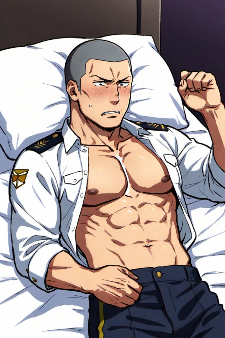 score_9, score_8_up, score_7_up, score_6_up, perfect anatomy, perfect proportions, best quality, masterpiece, high-resolution, high quality, aesthetic, absurdres, (male focus), solo male, BERYoshiyas , Yoshiyasu Matsubara, buzz cut, very short hair, grey hair, two-tone hair, black eyes, sanpaku, frown, JGSDF uniform, (JGSDF white collared shirt), short sleeves, open shirt, open clothes, collarbone, bare chest, bare abdomen, JGSDF Colonel rank slides, JGSDF pants, dark blue pants, two-tone pants, side stripe pants, adult, mature, masculine, manly, handsome, charming, alluring, serious, (upper body, stomatch), cowboy shot, dark atmosphere, simple background, indoors, (lying on bed, on back:1.2), from front, angry, mad, intense blush, bashful, embarrassed, awkward, sweatdrop,