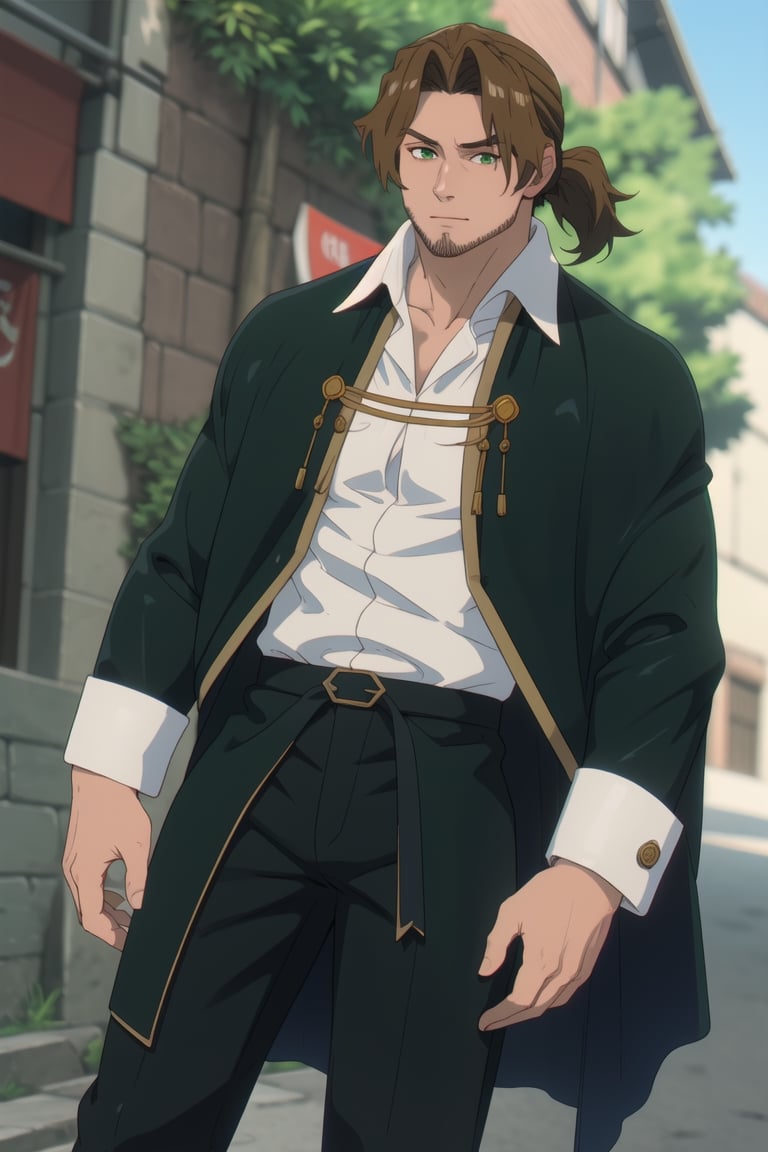 solo male, Sein \(Frieren: Beyond Journey's End\), priest, brown hair, low ponytail, parted bangs, thin hair, stubble, green eyes, white collared shirt, (shirt white hems, untucked shirt:1.3), dark coat with a golden accent, dark capelet, dark sleeves, black pants, black footwear. open coat, mature, handsome, charming, alluring, standing, upper body, perfect anatomy, perfect proportions, best quality, masterpiece, high_resolution, dutch angle, cowboy shot, photo background,Sein