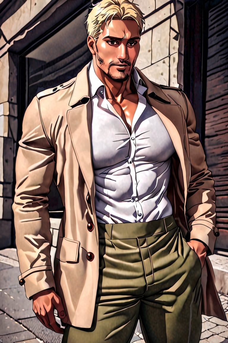 solo male, Reiner Braun, blond hair, short hair, facial hair, stubble, hazel eyes, tall, Marleyan soldier uniform, (pire white collared shirt:1.3), light-brown trench coat, (open coat:1.1), military green pants, black combat boots,  handsome, charming, alluring, standing, upper body, perfect anatomy, perfect proportions, best quality, masterpiece, high_resolution, dutch angle, cowboy shot, photo background