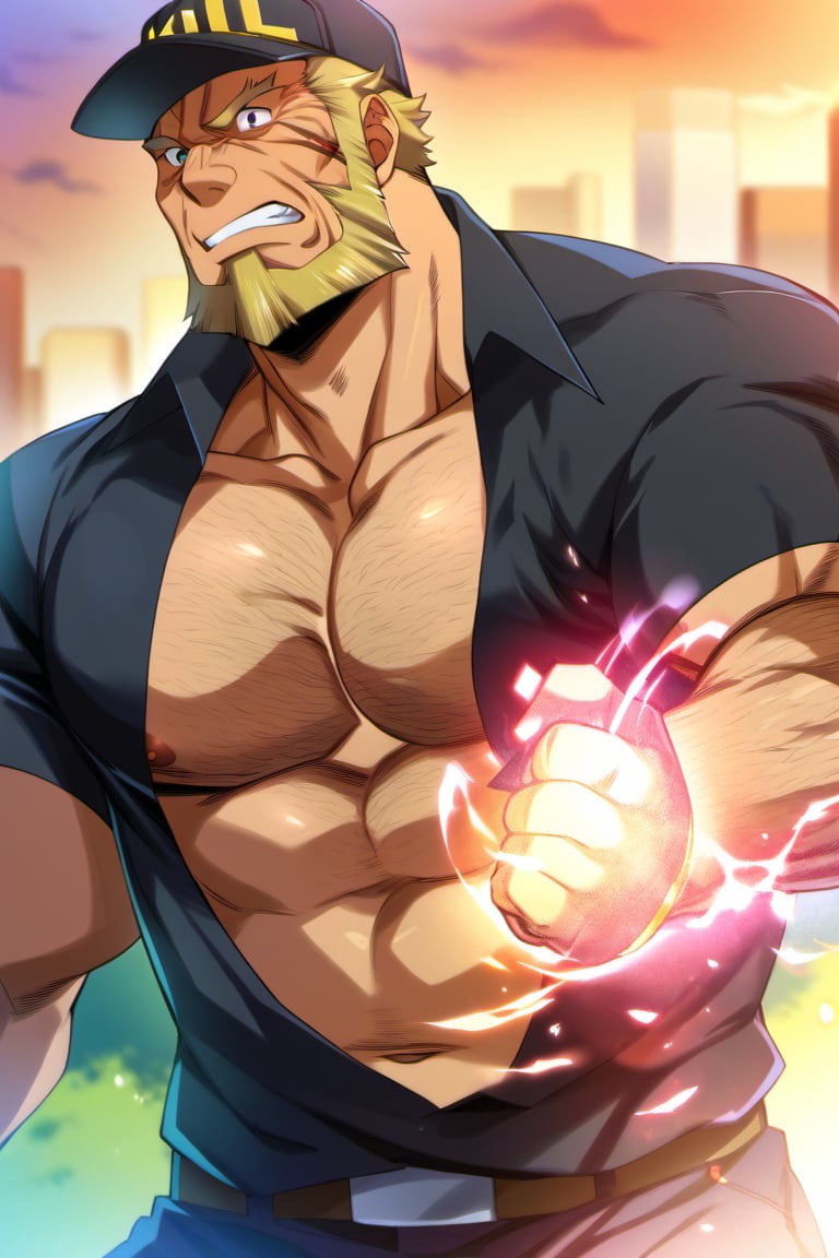 score_9, score_8_up, score_7_up, score_6_up, perfect anatomy, perfect proportions, best quality, masterpiece, high_resolution, high quality, best aesthetic, incredibly absurdres, highres, extremely detailed, huge filesize, mature, masculine, manly, virile, handsome, charming, alluring, bara, male focus, solo male, cowboy shot, dutch angle, source_anime \(Cells at Work! CODE BLACK\), anime coloring \Cells at Work! CODE BLACK\), Killer T Cell \(Cells at Work! CODE BLACK\), CaWBlKillerTCell, blond hair, black eyes, sanpaku, long sideburns, facial hair, chinstrap beard, jawline beard, scar on face, scar on cheek,  (old man, wrinkle, rugged, brute face:1.4), CaWBKillerTCell_outfit, black cap, Killer T Cell cap \(Cells at Work\), black earpiece, Killer T Cell uniform \(Cells at Work\), black shirt, partially unbuttoned shirt, chest hair, short sleeves, black fingerless gloves, black pants, city background, outdoors