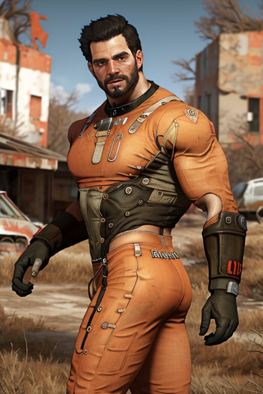 perfect anatomy, perfect proportions, best quality, masterpiece, high_resolution, high quality, best aesthetic, incredibly absurdres, highres, extremely detailed, huge filesize, mature, masculine, manly, virile, handsome, charming, alluring, bara, male focus, solo male, cowboy shot, dutch angle, source_game \(Fallout 4\), official style \(Fallout 4\),  Danse, FO4Danse , black hair, short hair, light brown eyes, facial hair, beard, Danse_Outfit02, T-60 power armor \(Fallout 4\), power armor, outdoors, Fallout 4 location, post-apocalyptic ruins, desolated landscape, dark blue sky