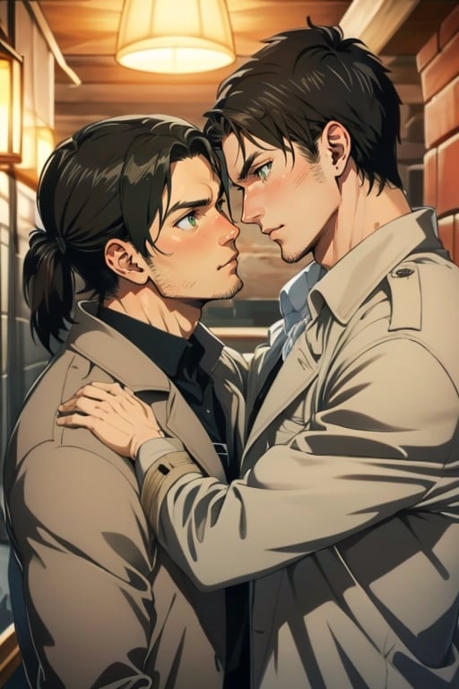 couple, ((2people)), first man giver(Eren Jaeger, ,erenad, black hair, long straight hair, hair down, stubble, grey-green eyes), second mature man receiver(reiner braun, blond hair, short hair, stubble, hazel eyes, chiseled jaw), ((uniform, white collared shirt, opem brown trench coat)), , different hair style, different hair color, different face, makeout, eye contact, gay, homo, skight shy, charming, alluring, seductive, highly detailed face, detailed eyes, perfect light, 1910s military basement, retro, oil lamp light, (best quality), (8k), (masterpiece), best quality, 1 image, rugged, manly, hunk, perfect anatomy, perfect proportions, perfect perspective, hug,Eren Jaeger 