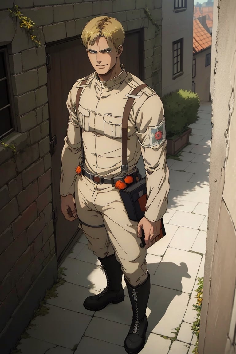 solo male, Colt Grice, Attack on Titan, blond hair, light hazel eyes, tall, Marleyan soldier uniform, (standing collar, mandarin collar:1.3), light pants, suspender straps, tall combat boots, single yellow Eldian armband, handsome, charming, alluring, sad, thin smile, standing, (portrait, headshot, close-up), perfect anatomy, perfect proportions, best quality, masterpiece, high_resolution, dutch angle,  photo background, medieval germany city wide avenue, day, high building, multiple floor townhouse