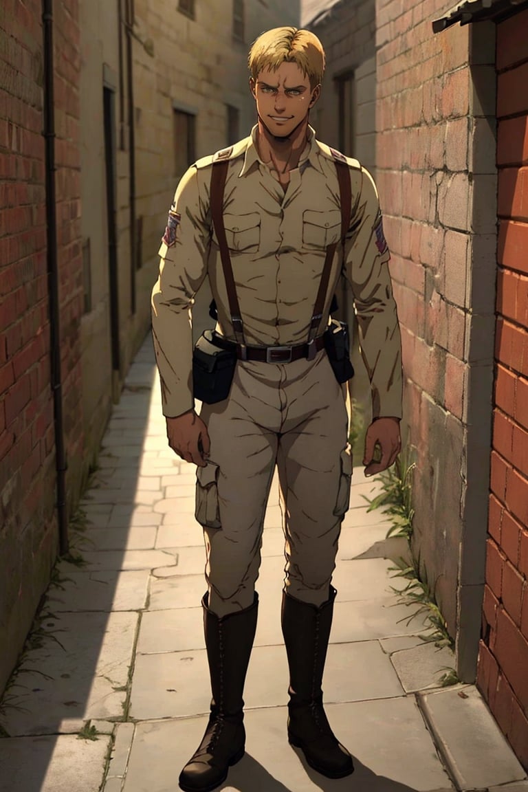 solo male, Colt Grice, Attack on Titan, blond hair, light hazel eyes, tall, Marleyan soldier uniform, (((standing collar))), light pants, supply packs on hip, suspender straps, tall combat boots, single yellow Eldian armband around the arm, handsome, charming, alluring, sad smile, standing, upper body, perfect anatomy, perfect proportions, best quality, masterpiece, high_resolution, dutch angle, cowboy shot, photo background,medieval town street, smoky