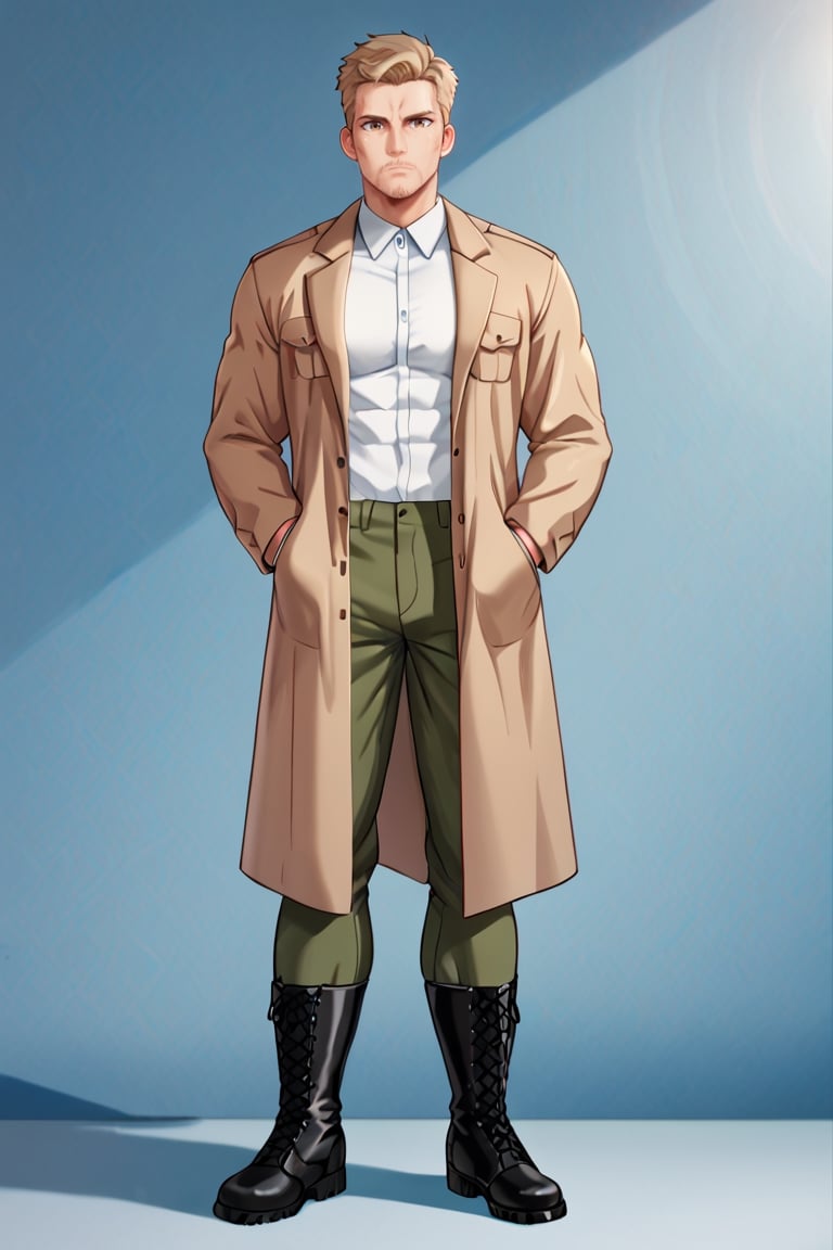 solo male, Reiner Braun, blond hair, short hair, facial hair, stubble, hazel eyes, thin eyebows, tall, fit, masculine, (pure white collared shirt:1.3), light-brown trench coat, (open coat:1.2), military dark green pants, black combat boots,  handsome, charming, alluring, standing, upper body, perfect anatomy, perfect proportions, best quality, masterpiece, high_resolution, dutch angle, cowboy shot, photo background, score_9_up