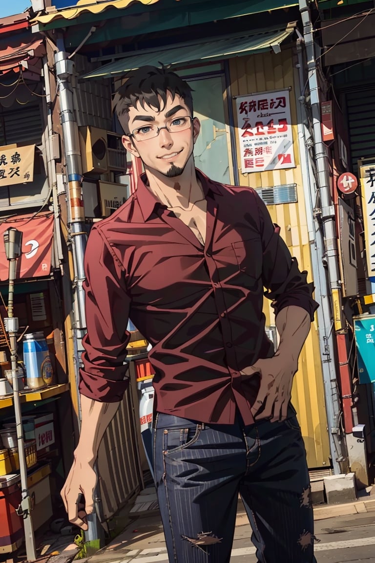 (1 image only), solo male, Jay Chiang, Great Pretender Razbliuto, Asian, Taiwanese, modern Taipei city, 2d, anime, flat, black hair, short hair, high fade, goatee, thick eyebrows, brown eyes, silver glasses, (pure red collared shirt, red sleeves rolled up:1.2), pants, socks, leather shoes, smile, mature, handsome, charming, alluring, standing, upper body, perfect anatomy, perfect proportions, (best quality, masterpiece), (perfect eyes:1.2), perfect hands, high_resolution, dutch angle, cowboy shot,metal steel building