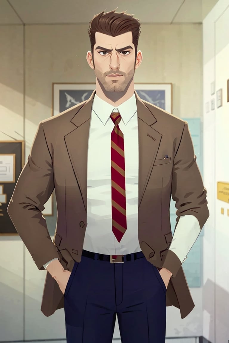 (1 image only), solo male, bara, Chase Devineaux, French, detective, brown hair, short hair, hair slicked back, brown eyes, sideburns, facial hair, broad stubble, white collared shirt, striped brown/red necktie, pure brown suit jacket, pants, mature, handsome, charming, alluring, standing, upper body , perfect anatomy, perfect proportions, 2D, anime, (best quality, masterpiece), (perfect eyes, perfect eye pupil), high_resolution, dutch angle, perfect hands