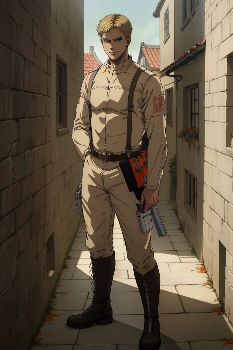 solo male, Colt Grice, Attack on Titan, blond hair, light hazel eyes, tall, Marleyan soldier uniform, (standing collar, mandarin collar:1.3), light pants, suspender straps, tall combat boots, single yellow Eldian armband, handsome, charming, alluring, sad, thin smile, standing, (portrait, headshot, close-up), perfect anatomy, perfect proportions, best quality, masterpiece, high_resolution, dutch angle,  photo background, medieval germany city wide avenue, day, high building, multiple floor townhouse