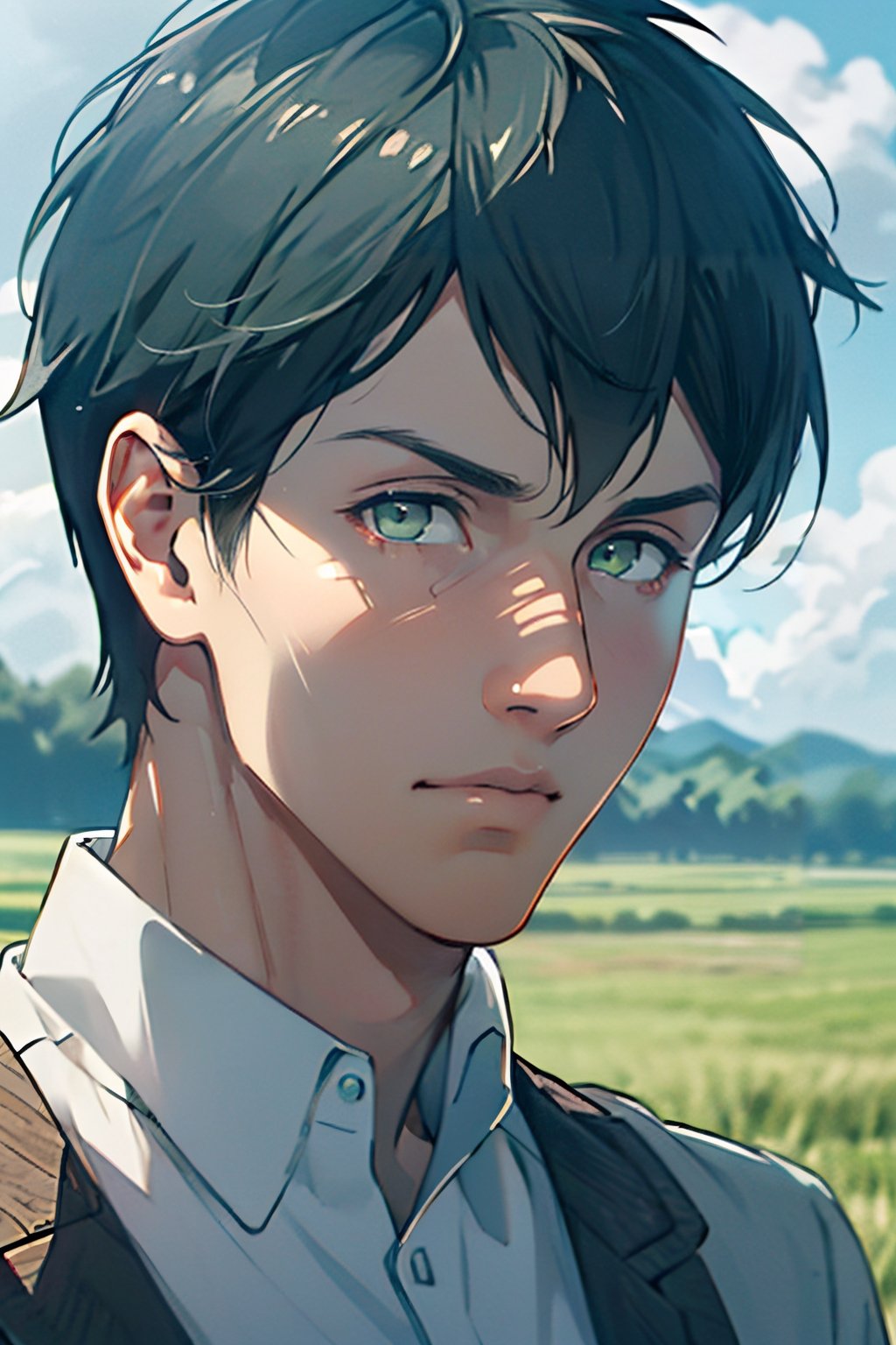 Bertolt Hoover |, (black hair, shorter hair:1.2), (pale green eyes, normal size eyes), (aquiline nose:1.2), fit body, wearing pure white collared shirt, blue sweater, handsome, charming, alluring, calm eyes, (standing), (upper body in frame), simple background, green plains, cloudy blue sky, perfect light, only1 image, perfect anatomy, perfect proportions, perfect perspective, 8k, HQ, (best quality:1.5, hyperrealistic:1.5, photorealistic:1.4, madly detailed CG unity 8k wallpaper:1.5, masterpiece:1.3, madly detailed photo:1.2), (hyper-realistic lifelike texture:1.4, realistic eyes:1.2), picture-perfect face, perfect eye pupil, detailed eyes, realistic, HD, UHD, (front view:1.2), portrait, looking outside frame