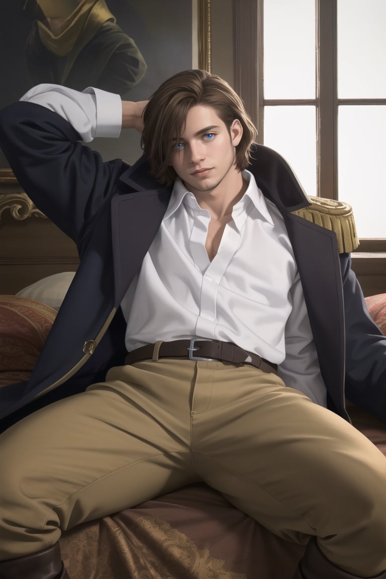 (human:1.2), highres, masterpiece, high quality, (high resolution:1.2), 1guy, solo, (Graf Granatbrown hair, brown hair, hair parted to one side, facial hair, stubble, blue eyes, sanpaku, hair over one eye), white collared shirt, exposed shirt, black pants, matching boots. dark blue coat, open coat, (coat over shoulders), gold epaulettes, muscular, sitting on bed, legs up, spread eagle position, lying back, body, (day, palace), looking at viewer, innocent face, depth of field, bokeh, detailed, highly detailed, sharp focus, intricate, smooth, elegant, fantasy, cinematic lighting, cinematic, masterpiece, matte, photorealistic, 4k, beautiful, volumetric lighting, dramatic, Gayspreadeagle,Granat