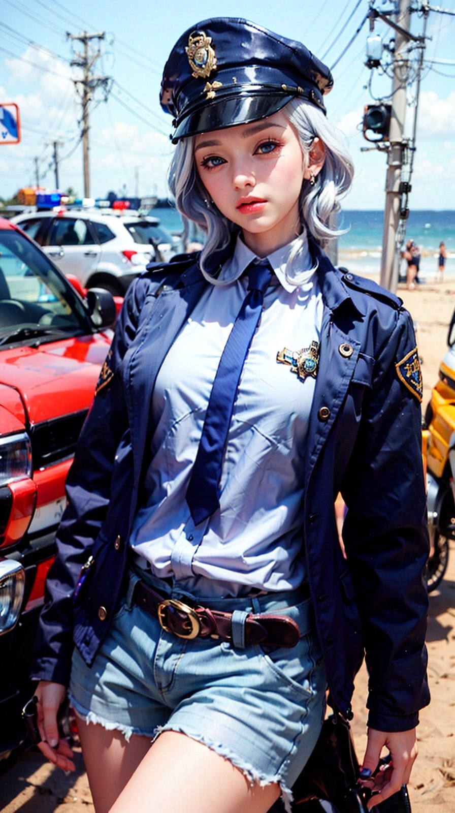 1girl,purple hair,showing legs,8K,standing in the beach,dark blue-color,police officer uniform,shorts,boots, heterochromia,white hair,hat,