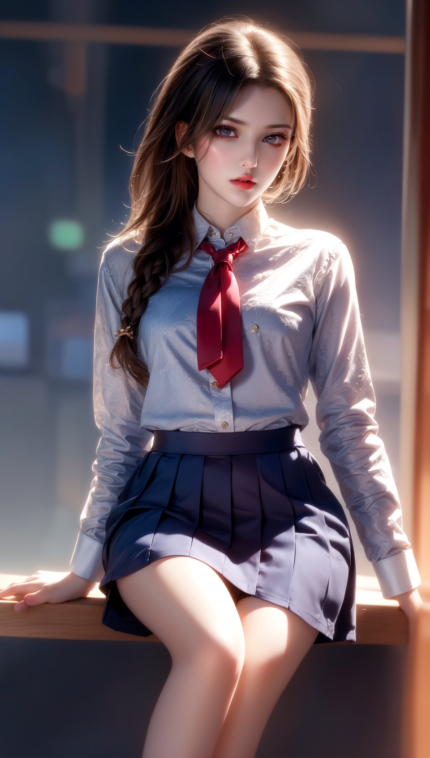 (masterpiece), best quality:1.2, high_res, soft lines and shapes, niji, 1girl,beautiful korean girl, blue eyes, bangs, braided_hair, large breasts, ((school uniform, serafuku)), jyoshi koukousei,glow, from below view,upper body,show legs,long legs,looking to viewer,dark blue skirt,white shirt,sitting,bidong