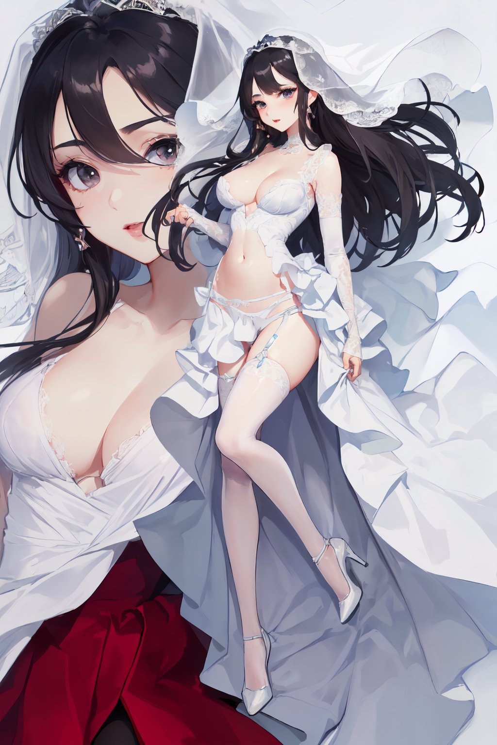 (dakimakura (medium):1.3) ,(full-body_portrait:1.5) ,(solo focus:1.1) , (on side:1.1) ,(on the bed:1.1),(only one people:1.1),(the mature woman, she is a bride, (she wears a white wedding dress, a white veil on her head), (she wears the white bridal gauntlets) , (She wears the white stockings) , (she wears white high heels),covered navel, long hair, red eyeshadow, long eyelashes, highly detailed, highres, (perfect face:1.3), (detailed face:1.3), (detailed eyes:1.3),(detailed mouth:1.3), (perfect hands:1.05), (perfect fingers:1.05), (big boobs:1.4, clevage), shy , (light black eyes:1.1),(black hair:1.3))