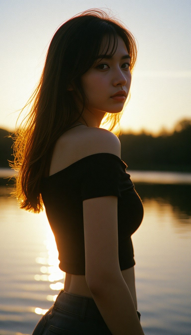 A portrait taken during the golden hour,  with the warm,  saturated colors typical of 1980s film photography. A young woma...