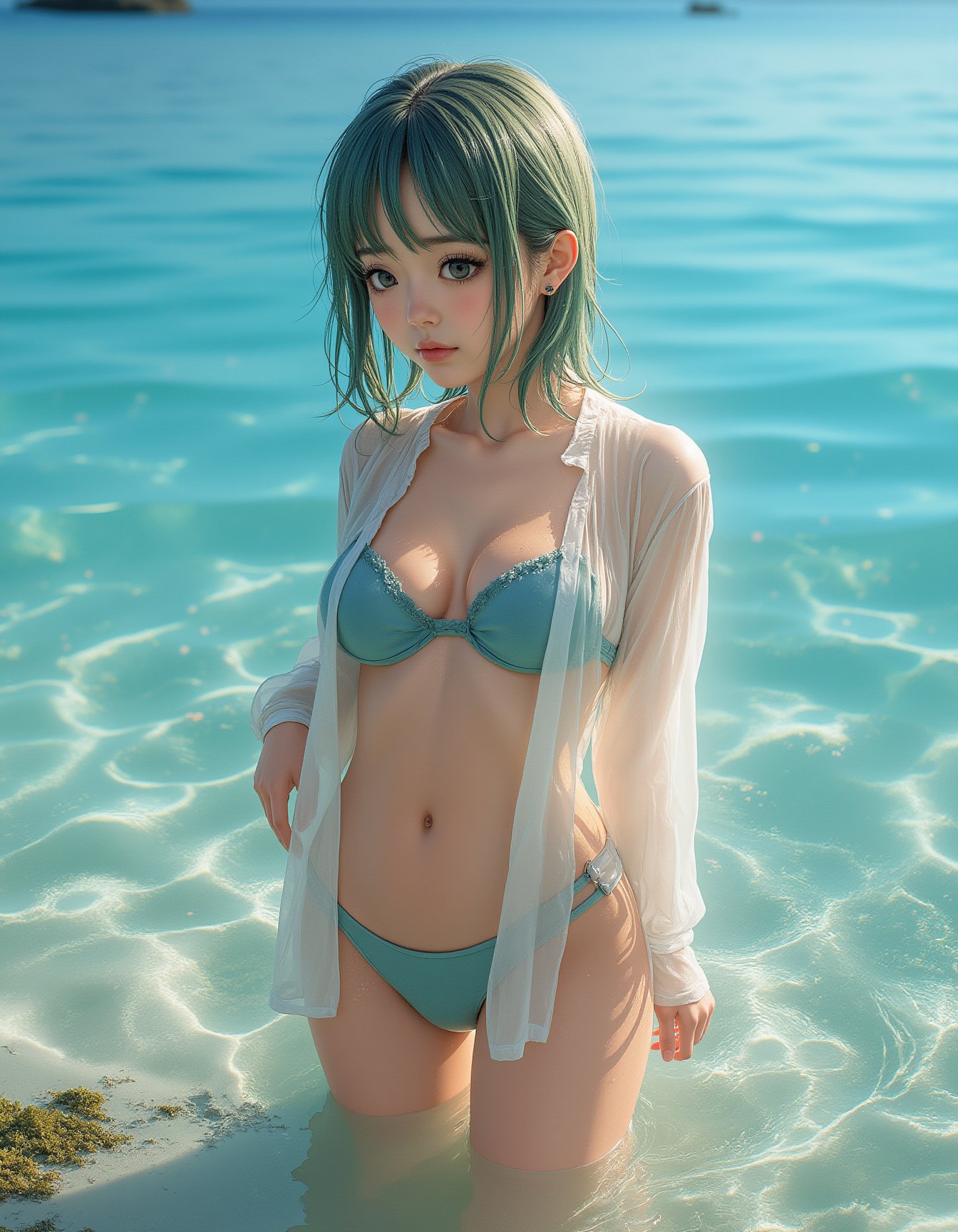 Here is a highly detailed, photorealistic anime-style illustration:

In this serene scene, a young woman stands waist-deep in crystal clear turquoise ocean water, her back slightly turned towards the viewer as she gazes thoughtfully over her shoulder with her large expressive aqua eyes shining softly. Her smooth and lightly tanned skin glistens with gentle sun-kissed highlights, showcasing the soft contours of her body beneath the wet aqua bikini that clings to her skin. The bikini's fabric, partially transparent from being soaked, allows glimpses of her skin underneath.

Her long, aqua hair is slightly damp, with strands clinging to her face and neck, catching the light in delicate highlights as she wears a partially unbuttoned sheer white shirt draped loosely off her shoulders, its semi-transparent fabric revealing more of her bikini and skin beneath. The wet shirt clings to her arms and flows with the movement of the water, creating subtle dynamic folds and wrinkles that catch the sunlight.

The warm golden light casts soft reflections on the girl's skin and the surrounding water, illuminating the incredibly clear turquoise ocean. Gentle ripples and waves create a soothing texture as the sandy bottom below comes into view, along with patches of rocks and seaweed adding depth to the scene. Small drops of water glisten on her skin, capturing the sun's rays and enhancing the sense of realism.

The composition balances the girl with her serene environment, conveying a tranquil mood through the interplay of light between the water and her figure. The reflections, textures, and colors blend harmoniously, evoking a peaceful atmosphere as the turquoise ocean meets the sky at the horizon, gradually fading into deeper blues.