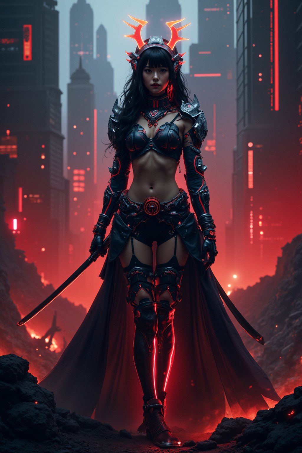 Cyborg Geisha Triumph: A futuristic warrior stands tall amidst a smoldering metropolis, raven-black tresses cascading like a waterfall down her back as she grips her katana with both hands. Neon-embellished samurai armor glows in the dimly lit cityscape, where red and black hues of chaos swirl behind her. Neon-lit smoke wafts through the air, casting an eerie glow on the battlefield's ruins.