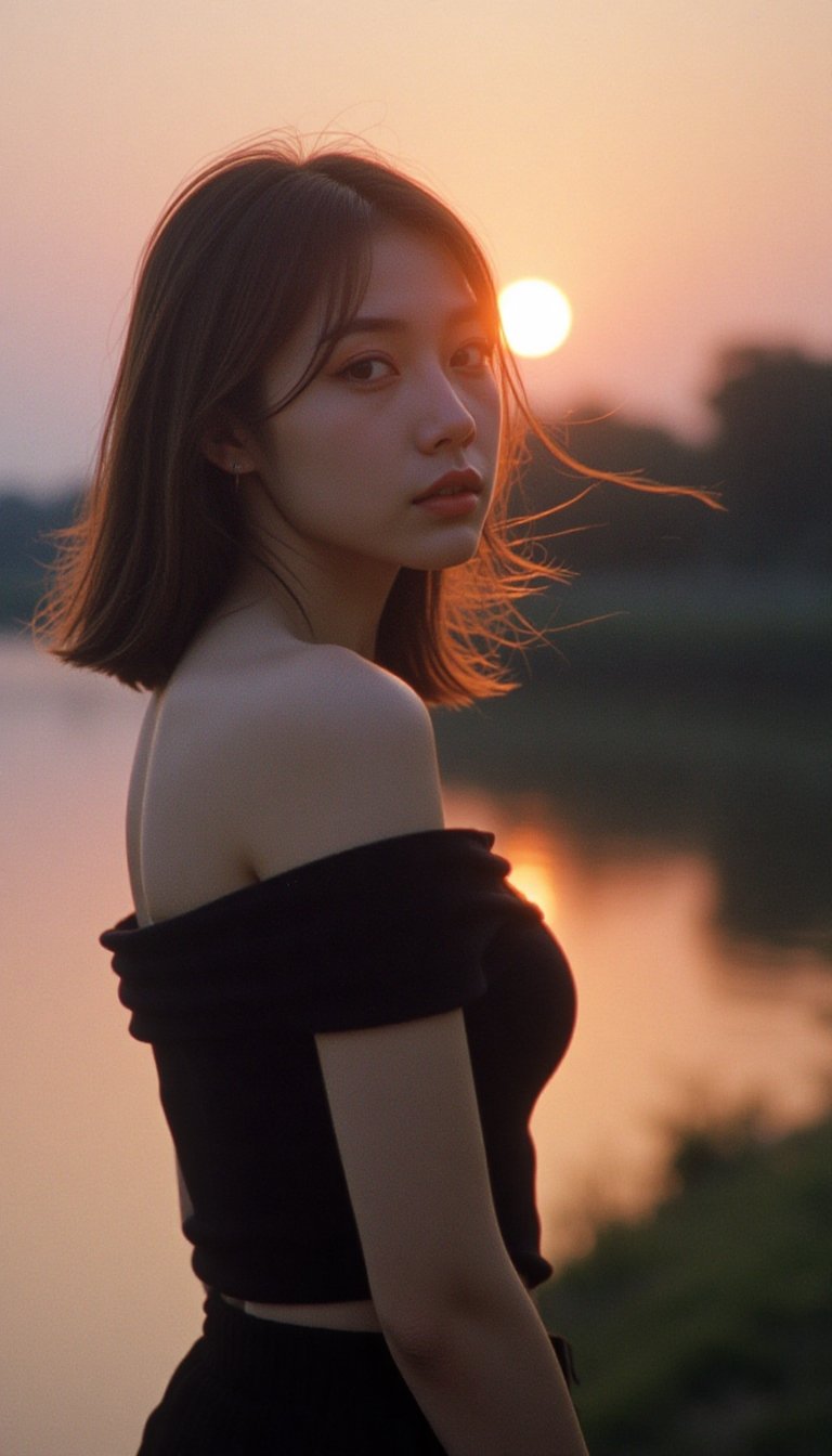 A portrait taken during the golden hour,  with the warm,  saturated colors typical of 1980s film photography. A young woma...