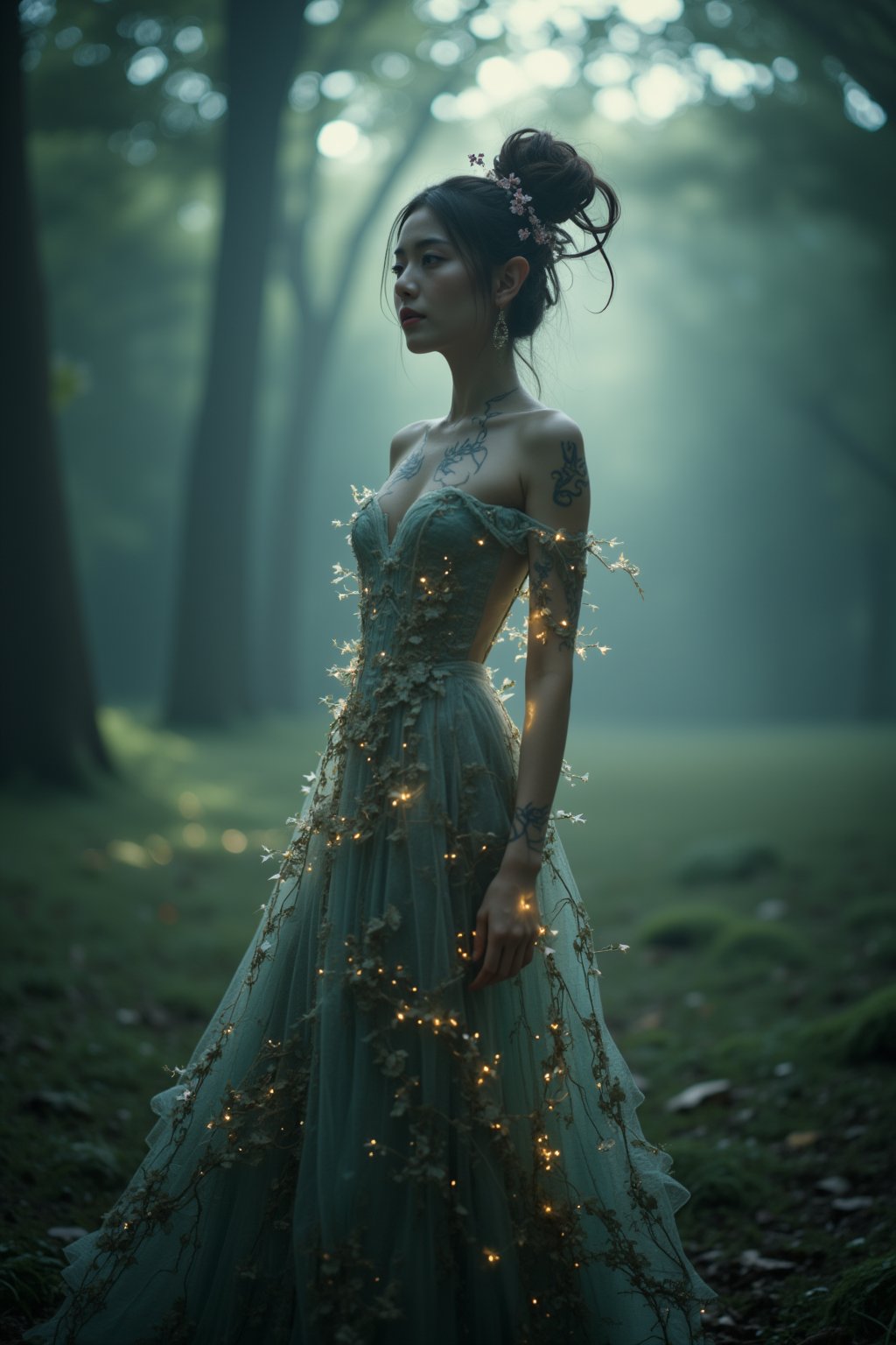 A mystical forest elf woman stands at the edge of a misty clearing, her slender silhouette shrouded in an aura of intrigue. The soft focus of the bokeh background underscores the intricate details of her ethereal gown, which appears woven from delicate vines and shimmering moonbeams. Geometric patterns dance across her skin like tattoos, as she gazes into the distance with an air of mystique. The masterwork's perfect balance of composition, lighting, and depth creates a surreal atmosphere, drawing the viewer deeper into this enchanted realm.