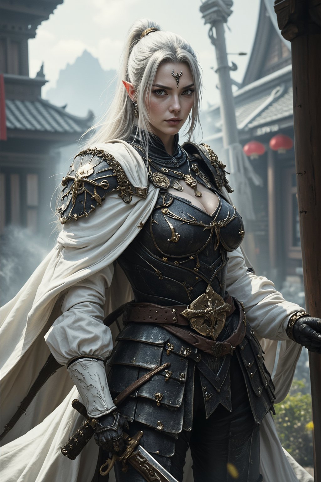 Depict a highly realistic portrait of a tall, imposing asina female elven ninja with fantasy white armor, clad in dark, layered samurai armor.Their silver-white hair is tied back, contrasting sharply with the white and gold elements of their attire. Her piercing eyes are visible, adding an air of mystery and danger. The armor is meticulously detailed, with leather straps, metal plates, and gold accents that highlight the character's stature. The background is shrouded in mist, with the outlines of traditional Japanese architecture barely visible, enhancing the mystical ambiance. Soft, diffused lighting should capture the textures and details of the scene, bringing a sense of depth and realism to the character and their surroundings. dynamic_pose, aesthetic_pose, With one foot forward and one hand resting on a katana, her stance alert as the fog shifts around her.