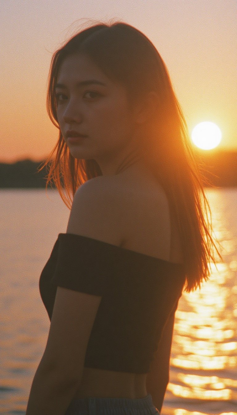 A portrait taken during the golden hour,  with the warm,  saturated colors typical of 1980s film photography. A young woma...