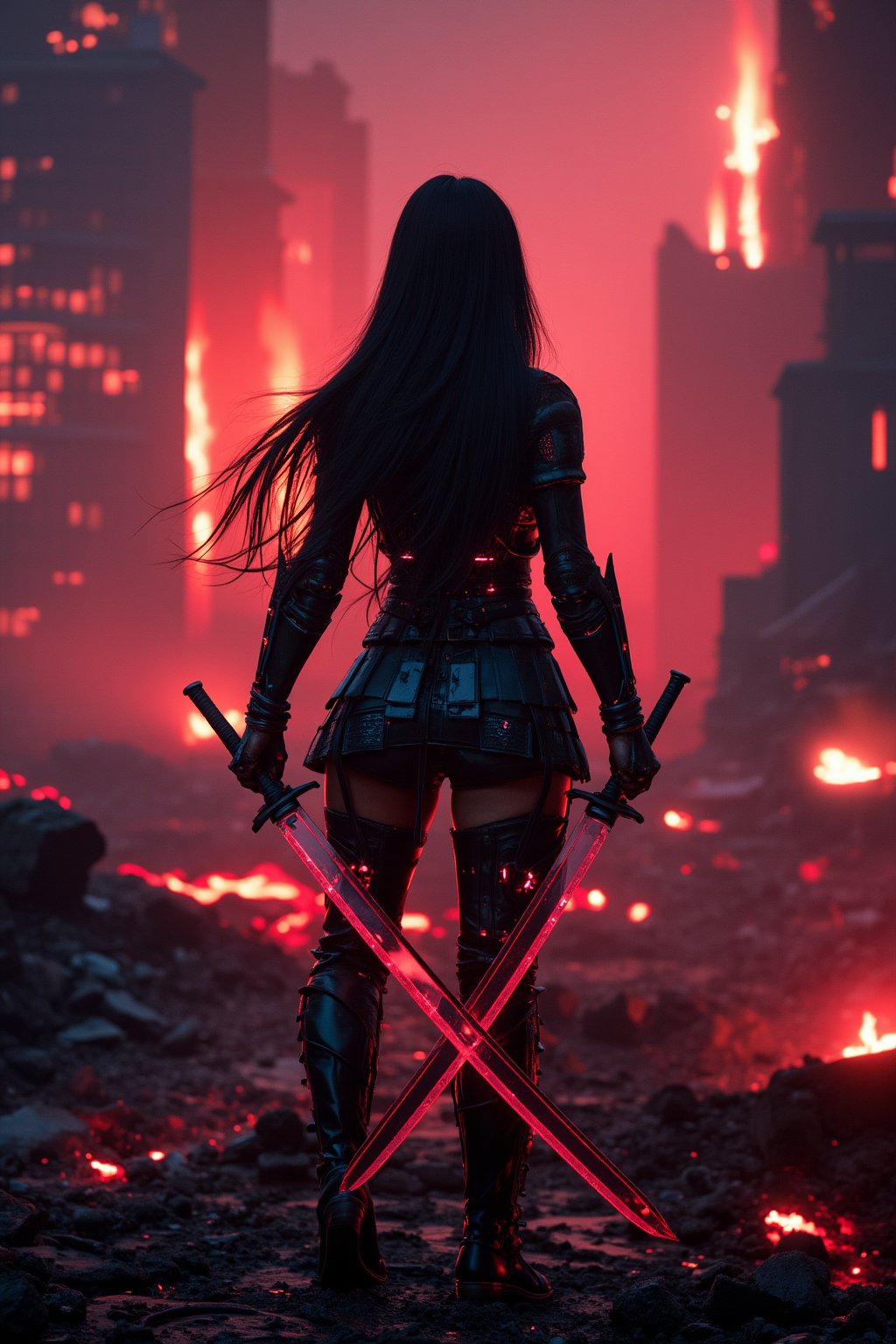 A cyborg geisha stands triumphantly amidst a smoldering metropolis, her raven-black tresses flowing like a waterfall down her back, framing her determined pose. Wearing samurai armor with neon accents, she holds her katana firmly in both hands, its gleaming blade reflecting the pulsating red and black hues of chaos behind her. Amidst the battlefield's ruin, neon-lit smoke billows through the air, casting an eerie glow on the devastated landscape.