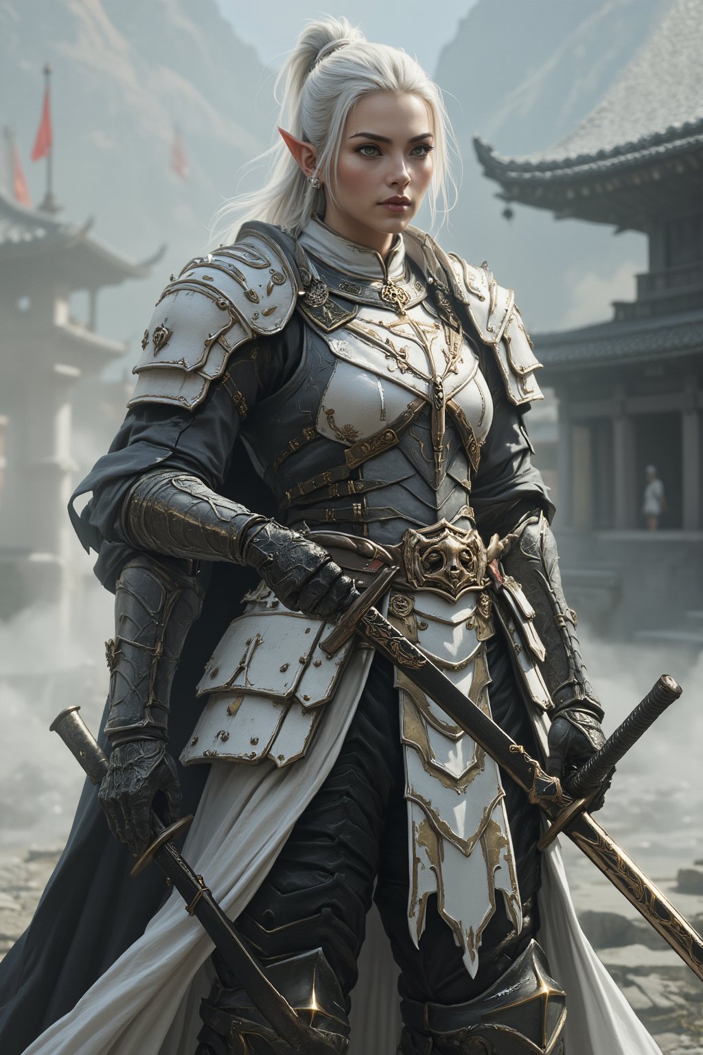 Depict a highly realistic portrait of a tall, imposing asina female elven ninja with fantasy white armor, clad in dark, layered samurai armor.Their silver-white hair is tied back, contrasting sharply with the white and gold elements of their attire. Her piercing eyes are visible, adding an air of mystery and danger. The armor is meticulously detailed, with leather straps, metal plates, and gold accents that highlight the character's stature. The background is shrouded in mist, with the outlines of traditional Japanese architecture barely visible, enhancing the mystical ambiance. Soft, diffused lighting should capture the textures and details of the scene, bringing a sense of depth and realism to the character and their surroundings. dynamic_pose, aesthetic_pose, With one foot forward and one hand resting on a katana, her stance alert as the fog shifts around her.