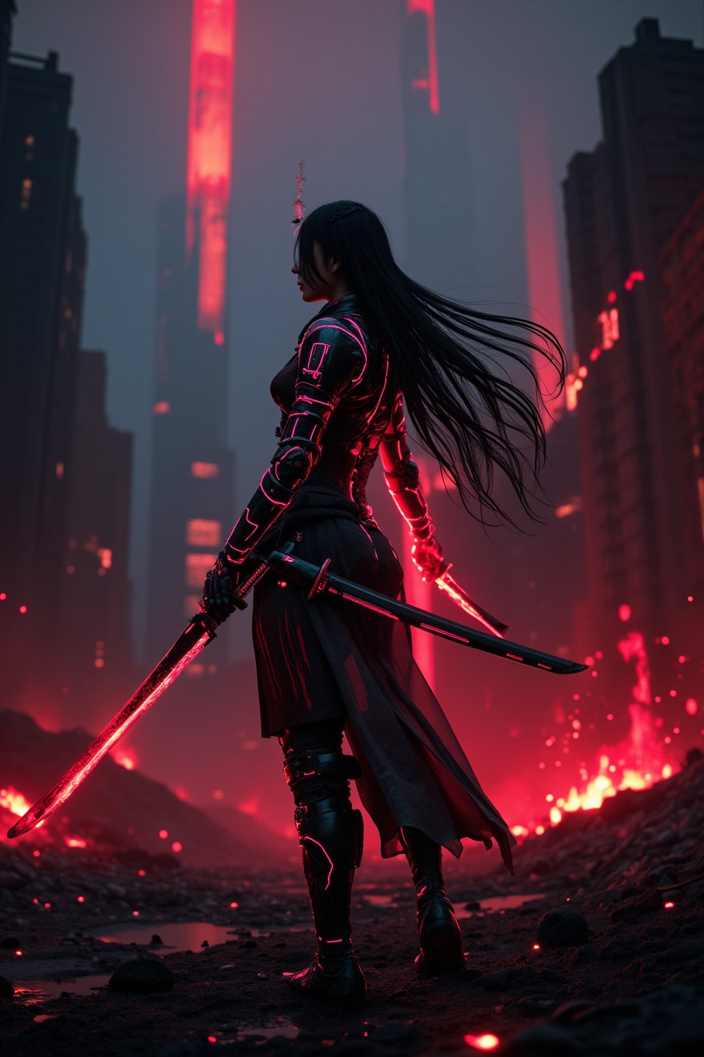 A cyborg geisha stands triumphantly amidst a smoldering metropolis, her raven-black tresses flowing like a waterfall down her back, framing her determined pose. Wearing samurai armor with neon accents, she holds her katana firmly in both hands, its gleaming blade reflecting the pulsating red and black hues of chaos behind her. Amidst the battlefield's ruin, neon-lit smoke billows through the air, casting an eerie glow on the devastated landscape.